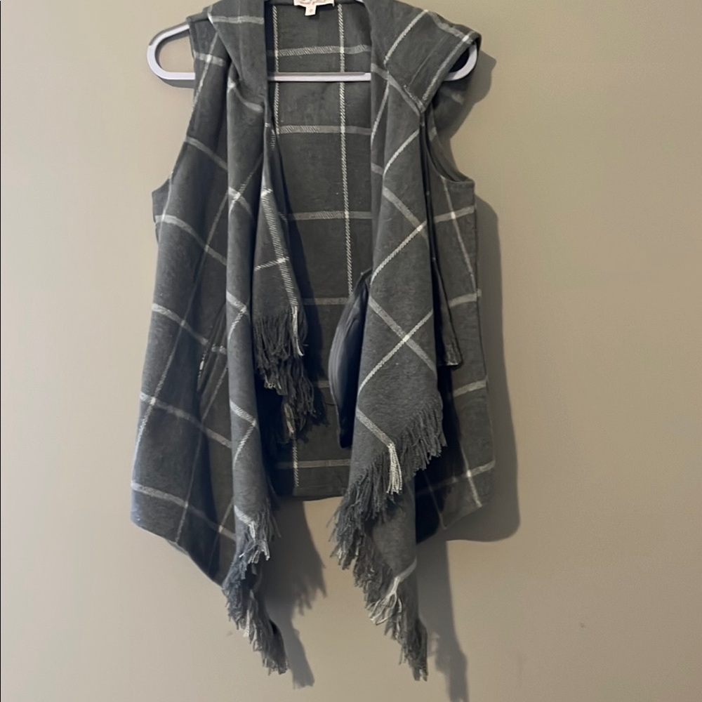 Gray Plaid Fringe Vest